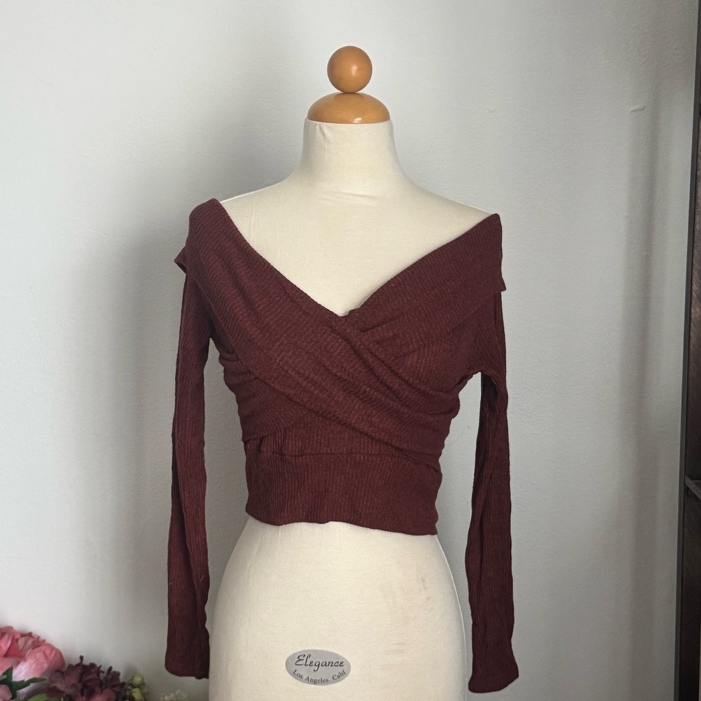 Windsor Burgundy Off-Shoulder Knit Crop Top